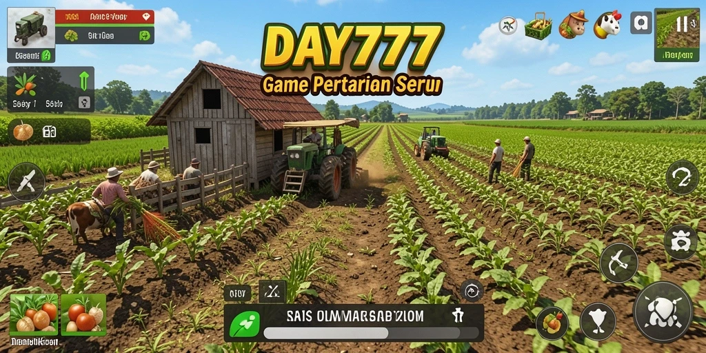 Tampilan gameplay DAY777 dengan ladang luas dan tanaman yang subur.
