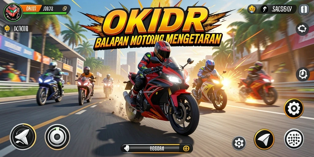 Screenshot gameplay OKIDR menampilkan balapan motor yang intens.